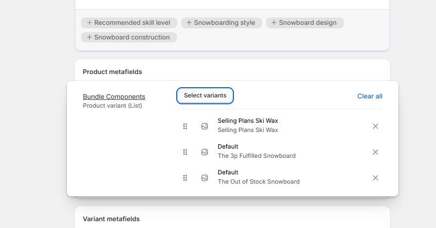 Bundle components metafield filled with variants in the product admin