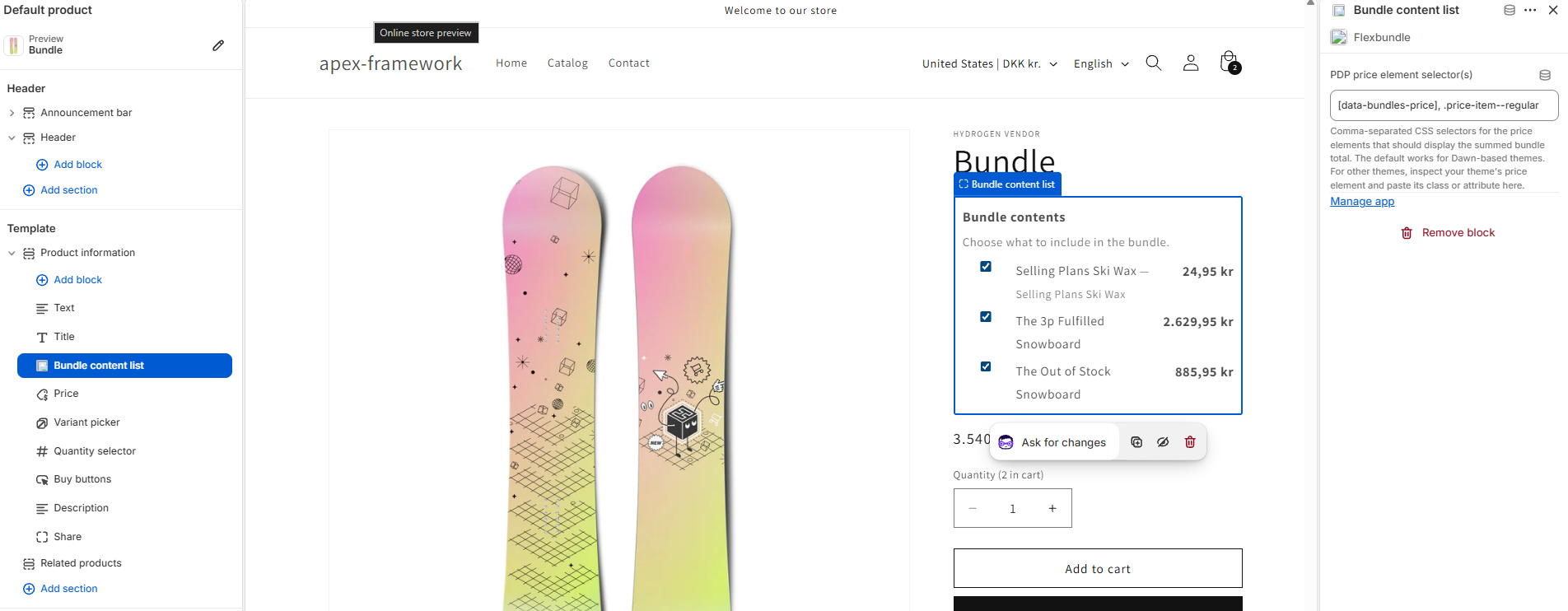 Flexbundle app block added to the product template in the theme customizer